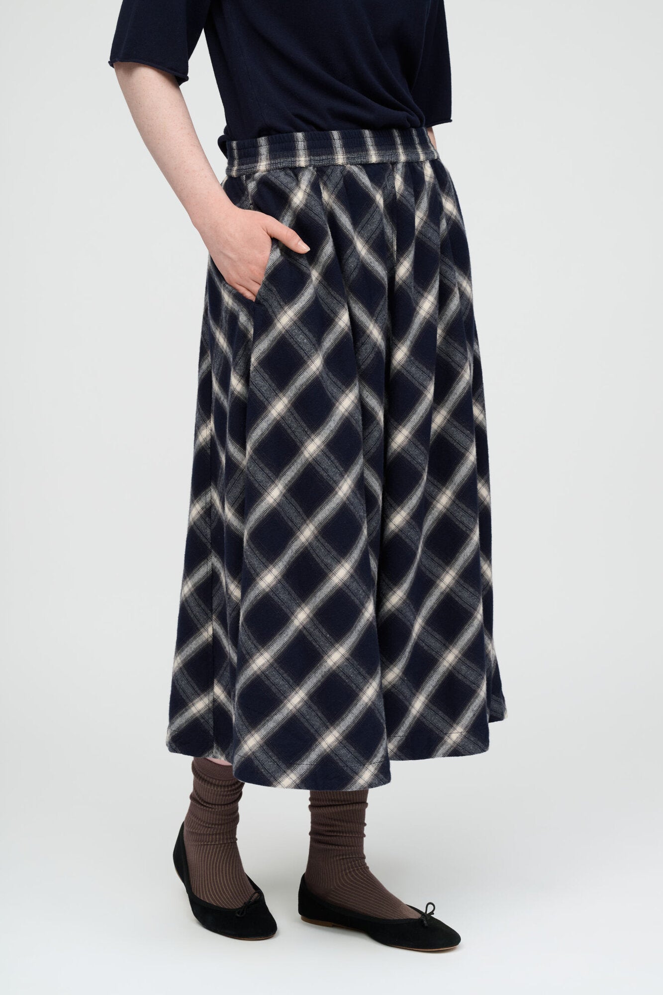 Pin Check midi nederdel - dark navy, grey, ecru